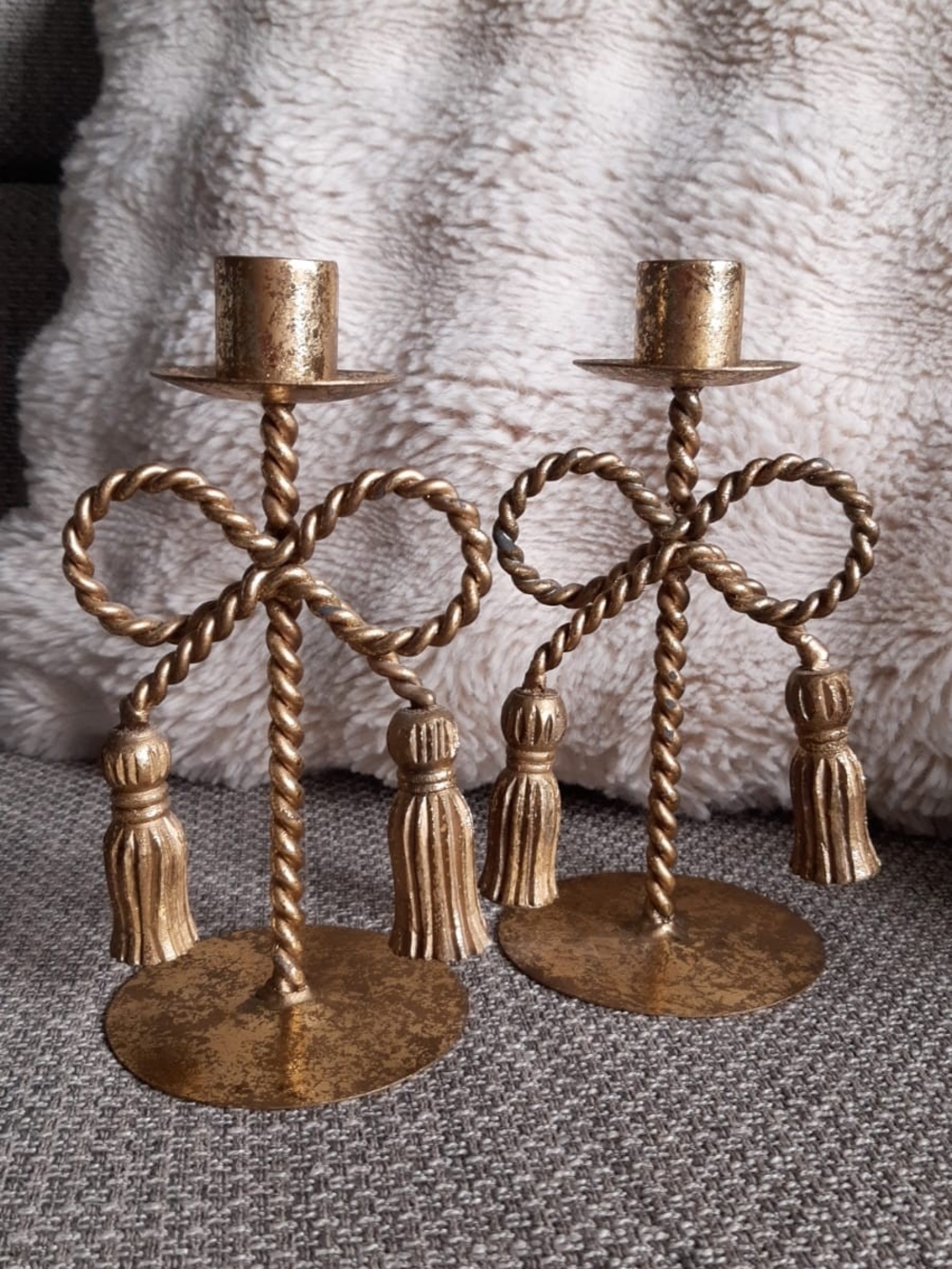 *2 for $20 deal* Vintage Gold Tassel Twisted Rope Metal Candle Holders Set